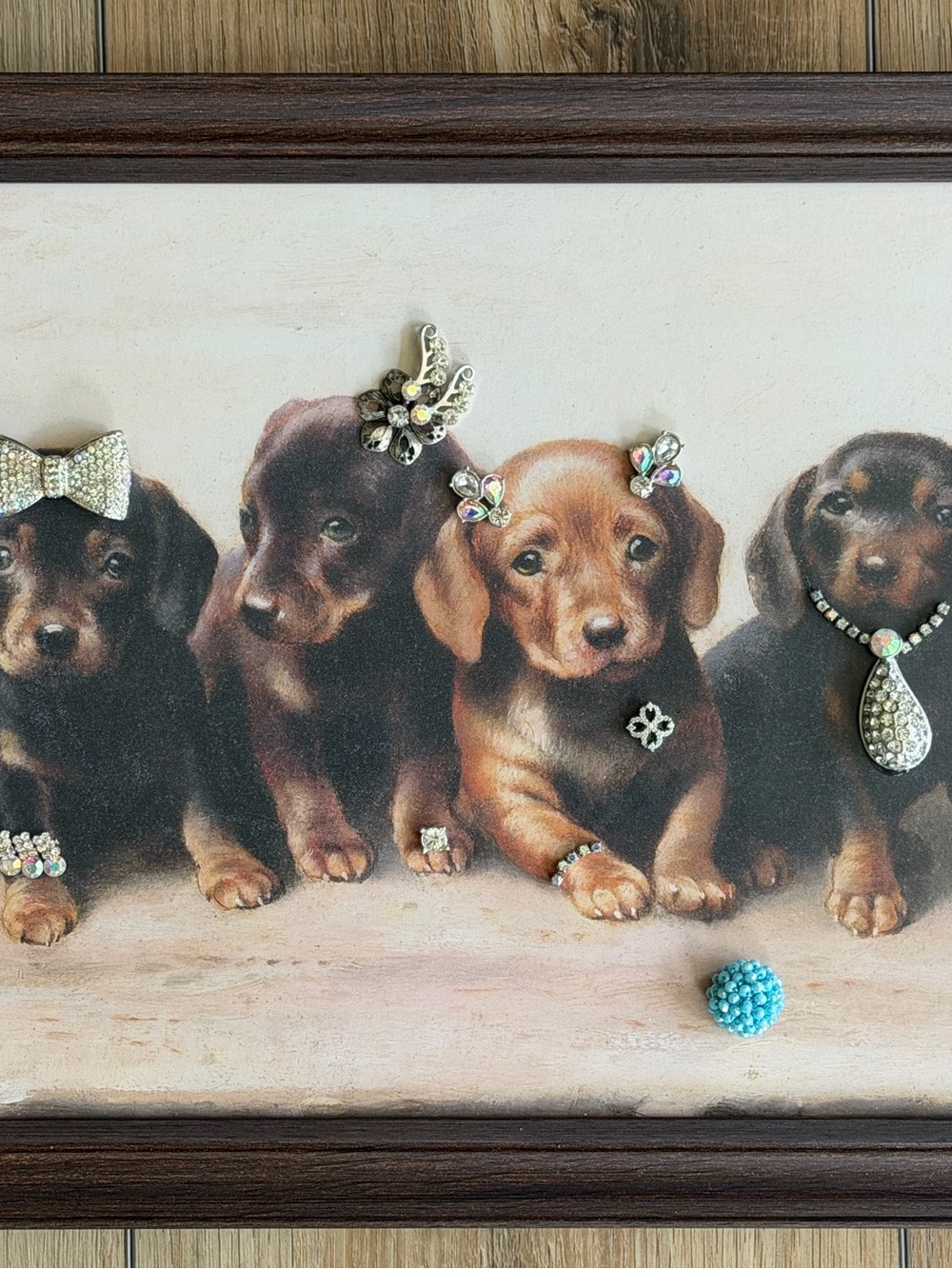 “Rhinestone Rovers” Upcycled Mixed Media Art (Dog). 14.5 x 19.5”